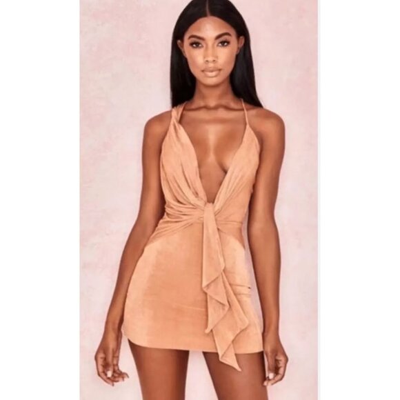 NWT House of CB Kiki Tan Mini Dress Plunge Deep V-Neck Ruffle Cocktail Large - Picture 1 of 14